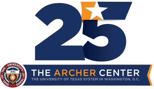 Large numeral 25 above the UT System Seal and Archer Center logo.