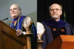 Split image of Michael Colman and Edward Harpham, each standing at a lecturn dressed in academic regalia.